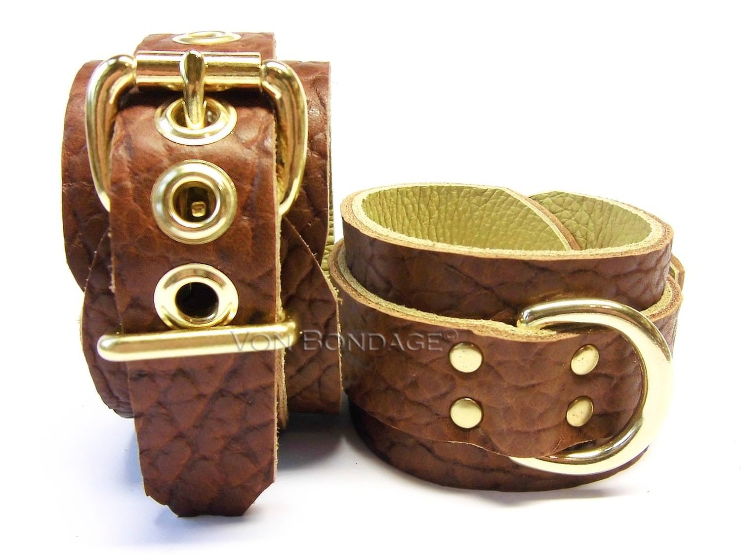 Brown Bullhide Leather BDSM Restraints with 1" Brass Dee Rings