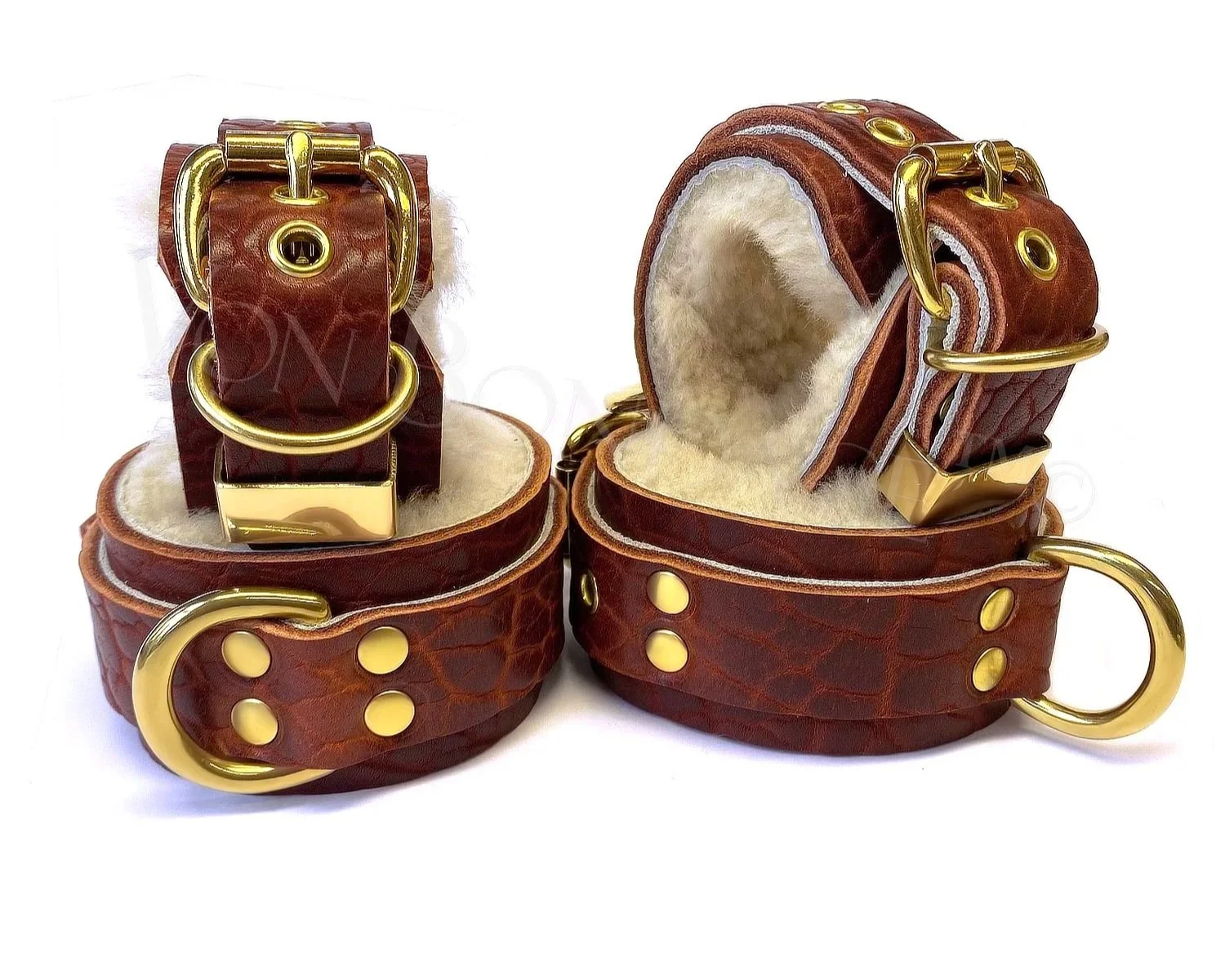 Brown Bison Leather Wrist & Ankle Restraints Bondage Set lined in Cream Sheepskin Fur