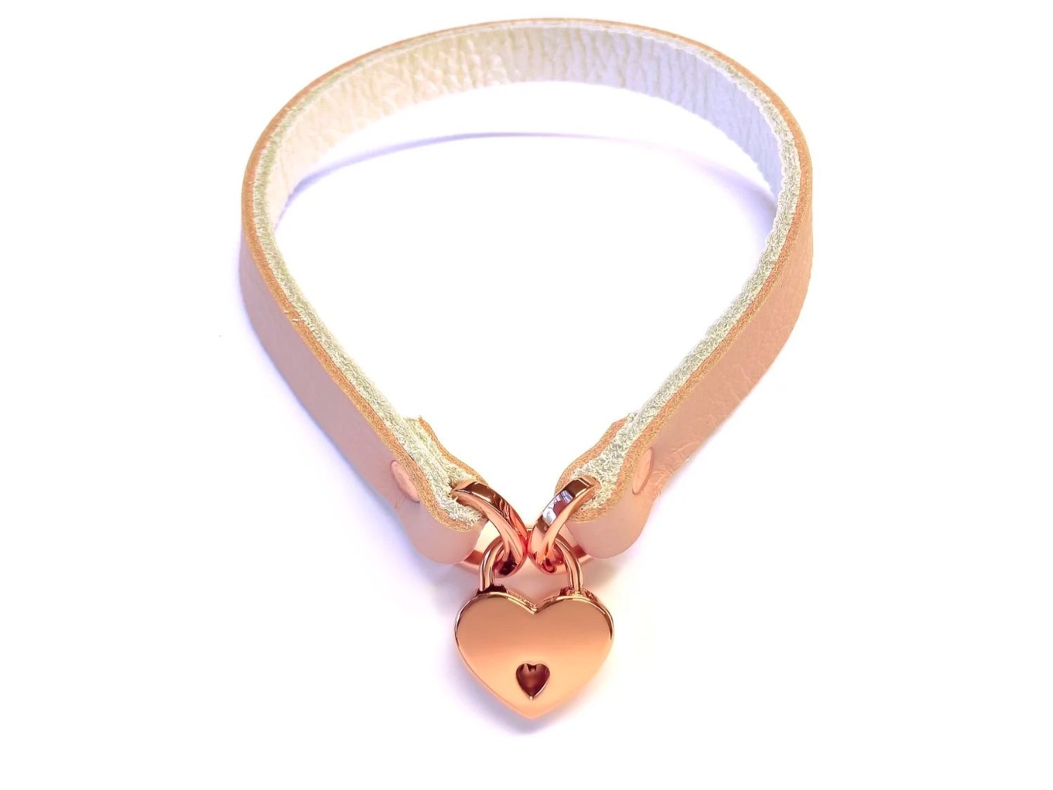 pink leather submissive collar with rose gold heart padlock