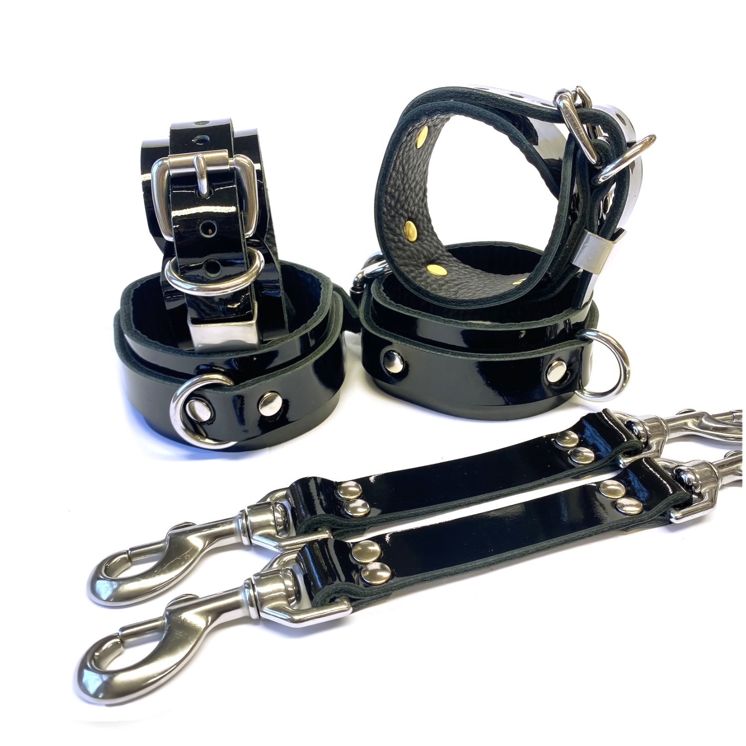 Black Patent Leather BDSM Restraints Set with Pair of Straps in Stainless Steel