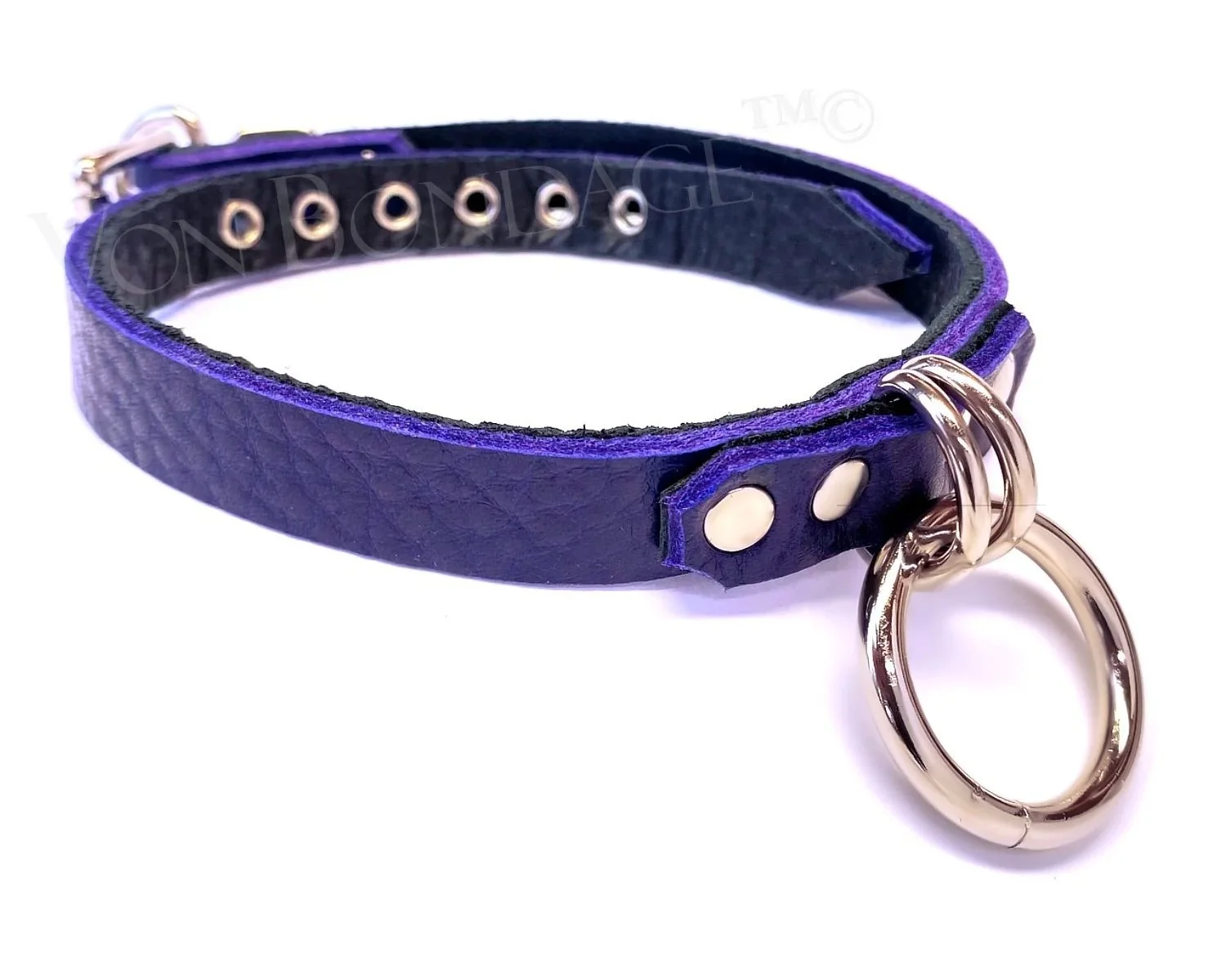 Indigo Leather Collar with double tiny dee rings and 1in O-ring