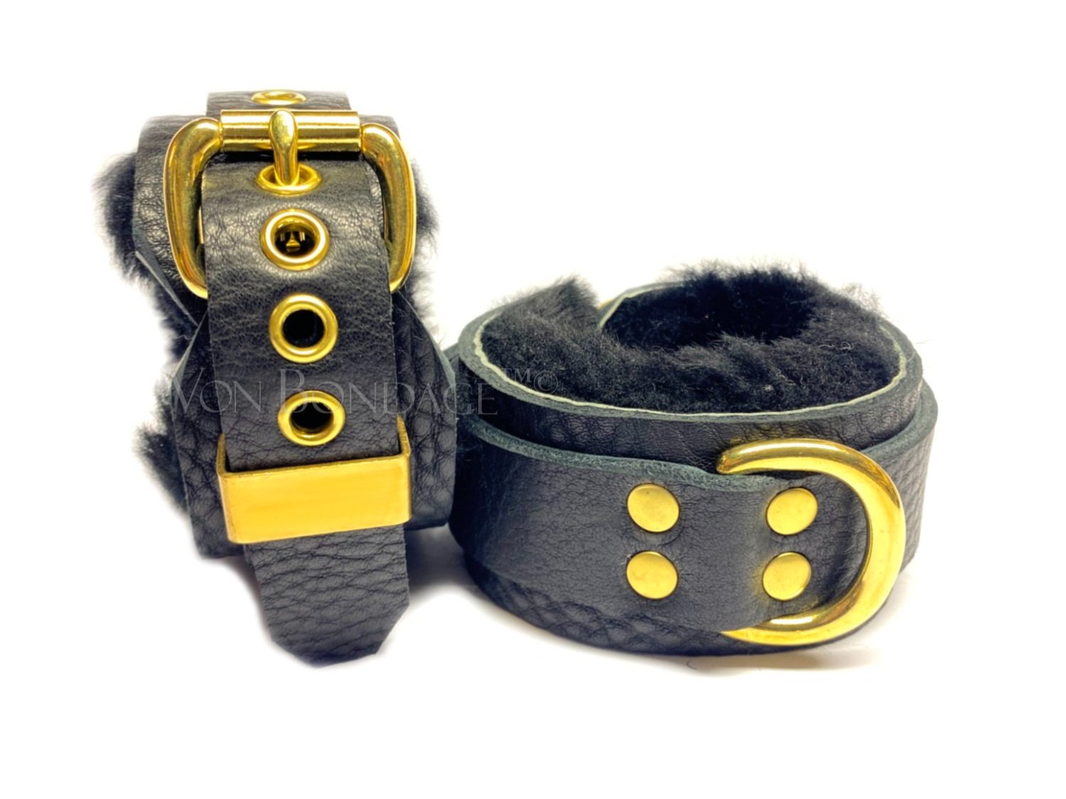 Pair of Black Leather w/Black Fur BDSM Restraints with Brass D-Rings