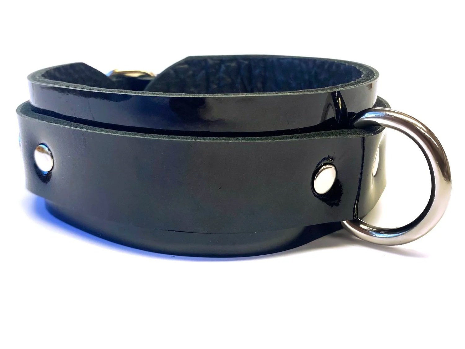 Black Patent Leather Bondage Collar with Medium D-ring.