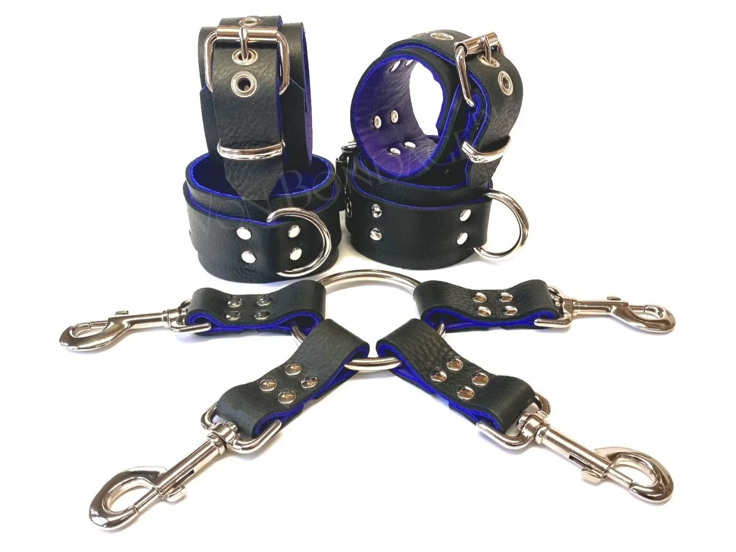 Bondage Restraints Set in Soft Black and Purple Leather with Hogtie & Large D-rings