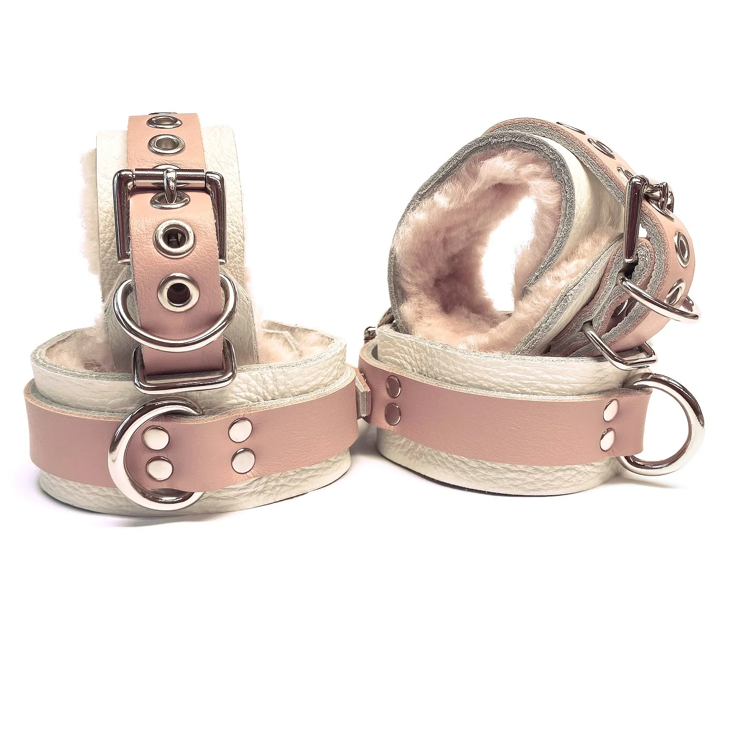 Pink &amp; White soft furry bdsm restraints set lined in pink sheepskin fur