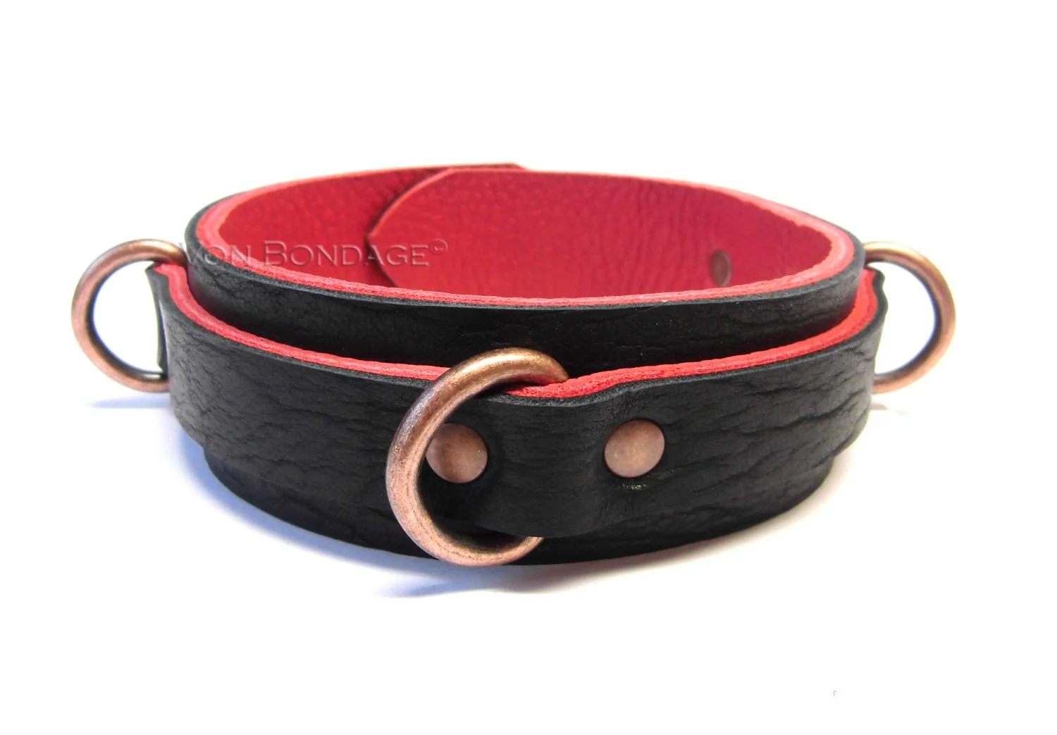 Leather slave Collar lined in Bison with 3 Copper D-Rings