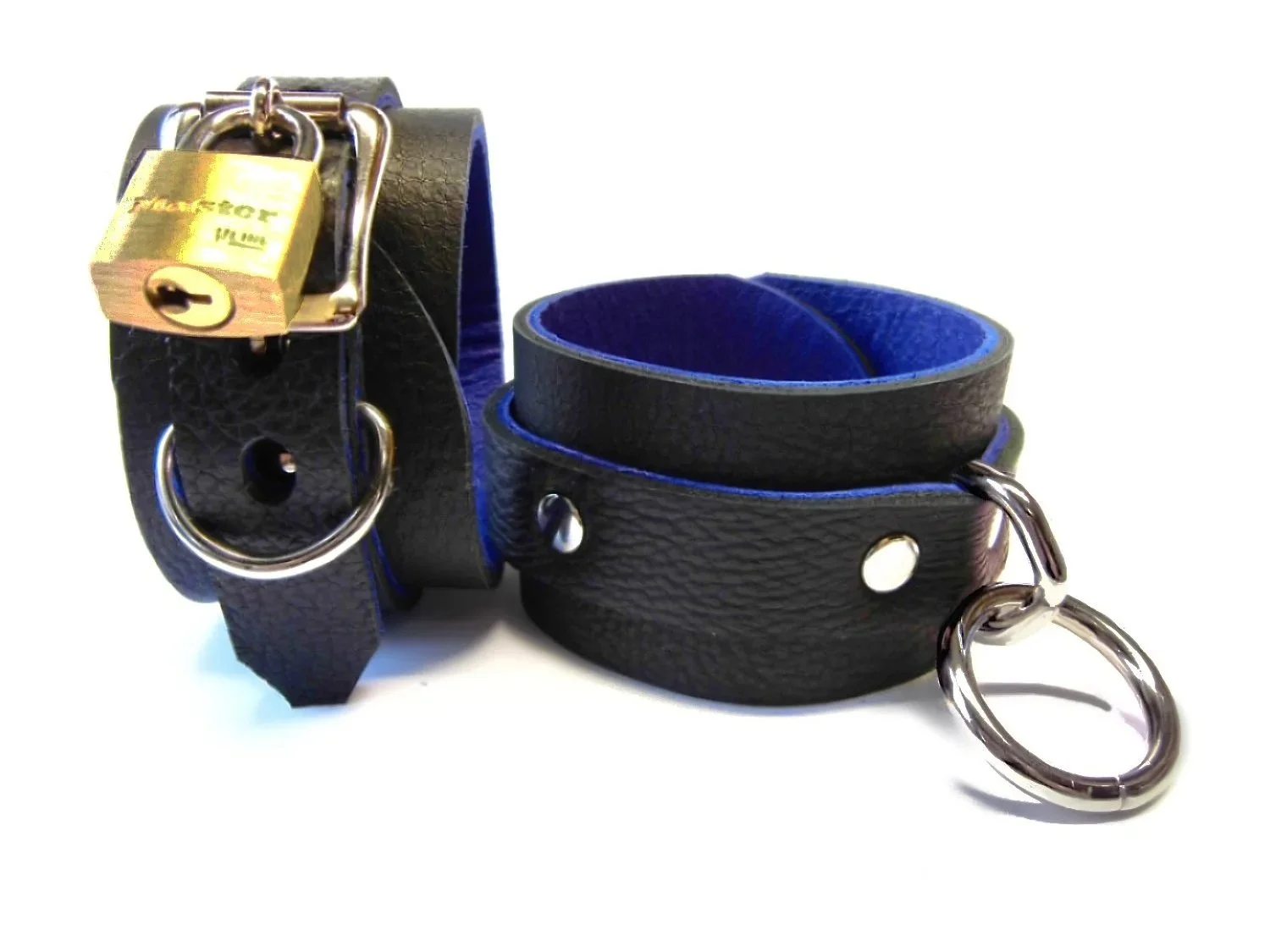 soft black leather restraints with bondage rings lined in blue leather