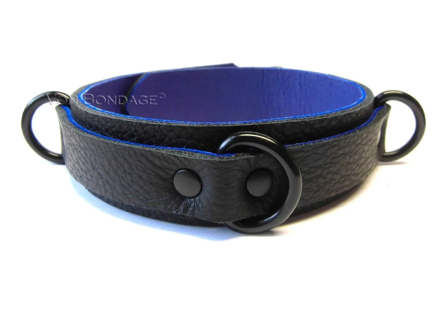 black and blue leather bdsm collar with 3 black d-rings
