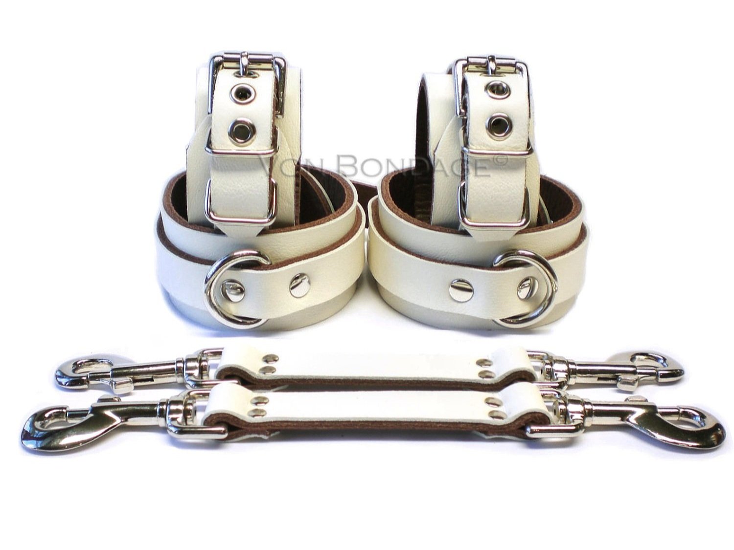 Ivory White Leather Bondage Restraints Set with pair of hogtie straps