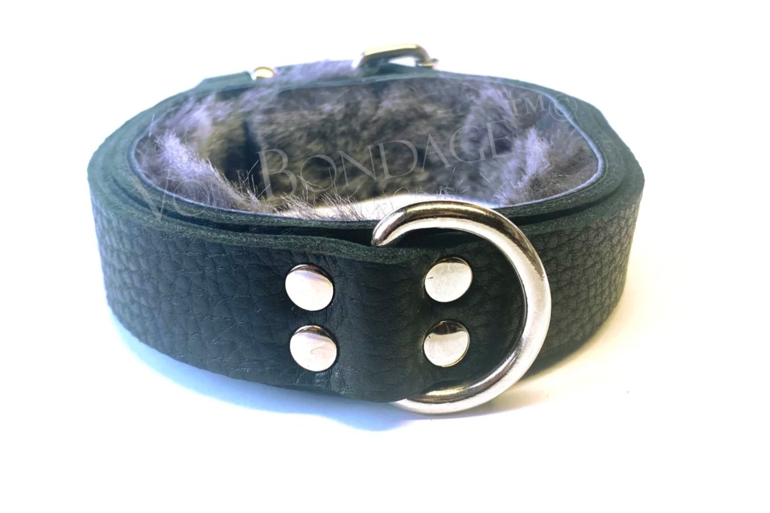 Narrow Gray Fur-lined slave Collar with Strong Dee Ring