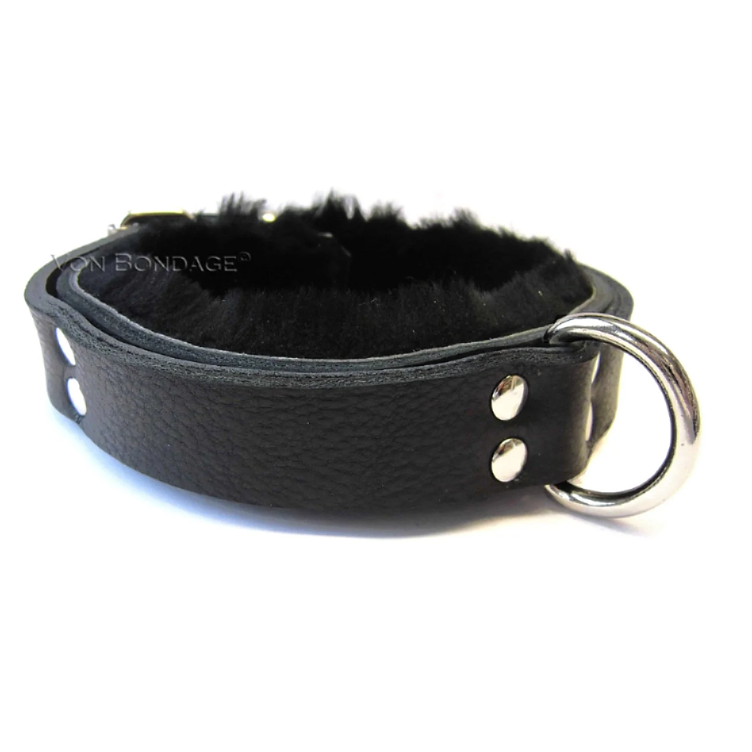 Black Fur-lined slave Collar with Strong Dee Ring in black leather