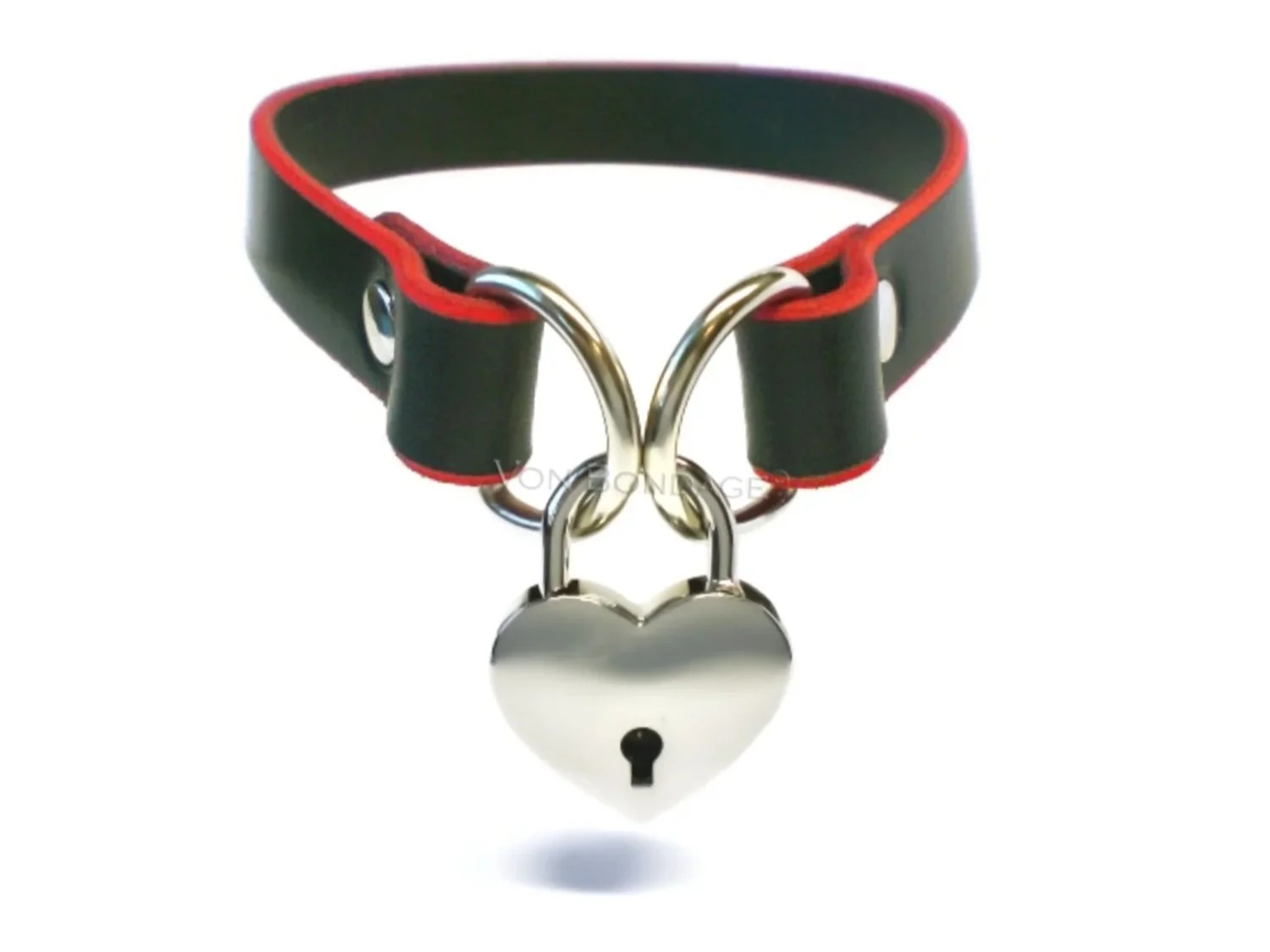Black Leather Choker with Red Edges and Large Heart Padlock