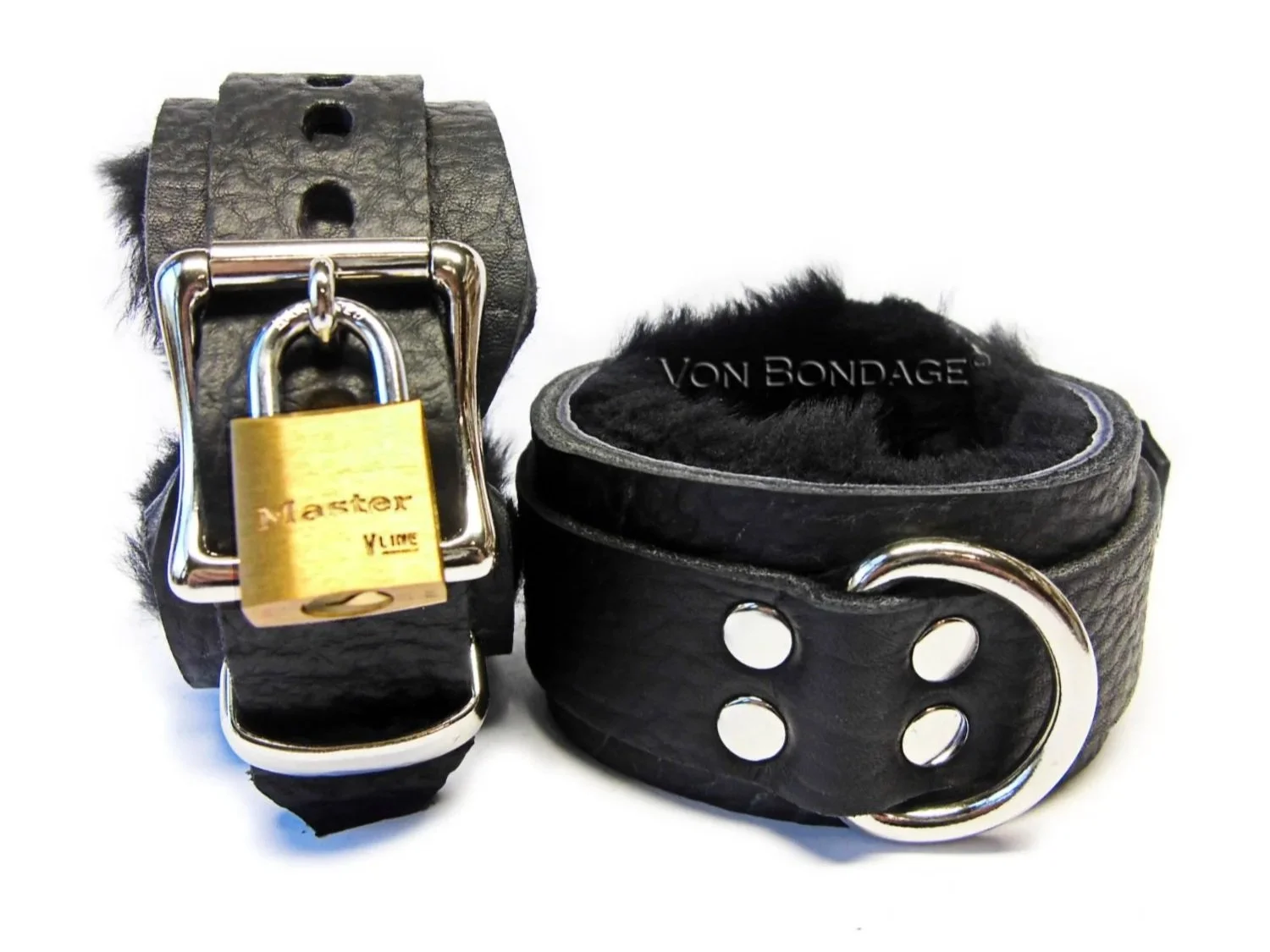 Pair of Leather Restraints lined in soft Black Sheepskin Fur