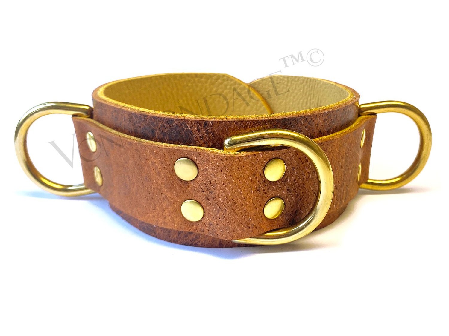 Brown Bison Leather Bondage Collar with 3 Large Brass Dee Rings