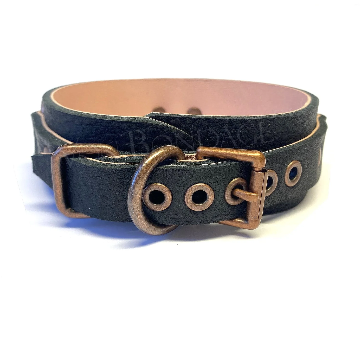 Leather BDSM Collar lined in pink lambskin with copper buckle