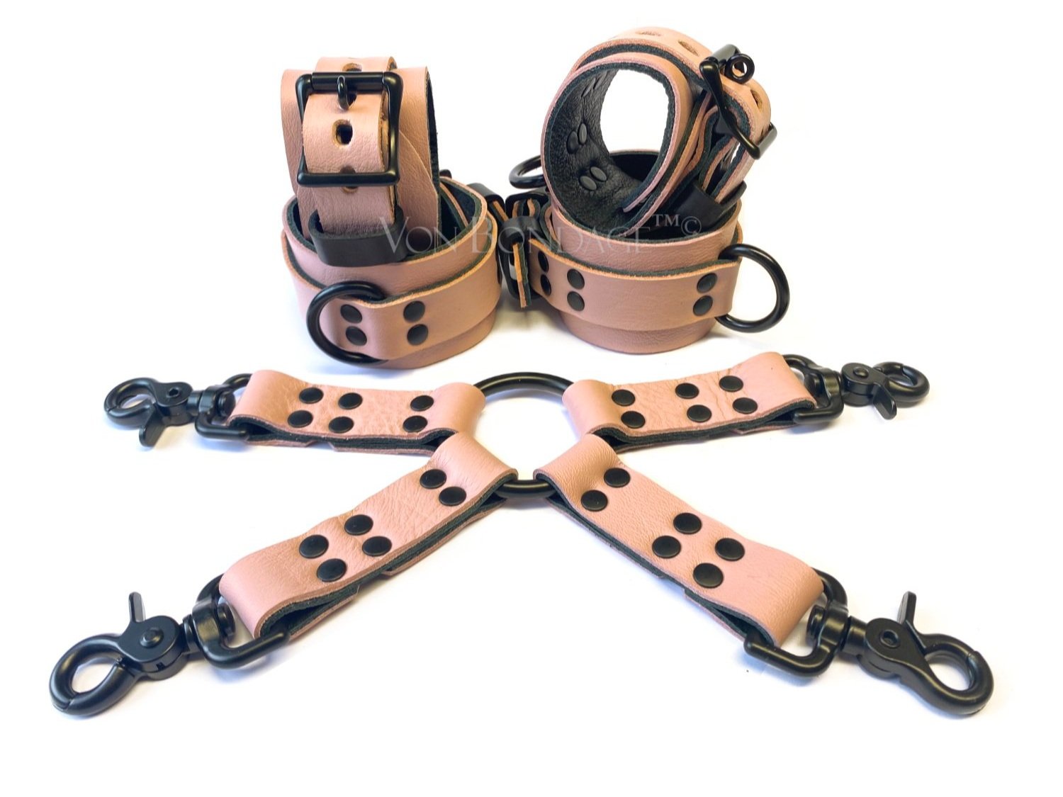 Pink Leather BDSM Restraints Set with Hogtie in Black hardware