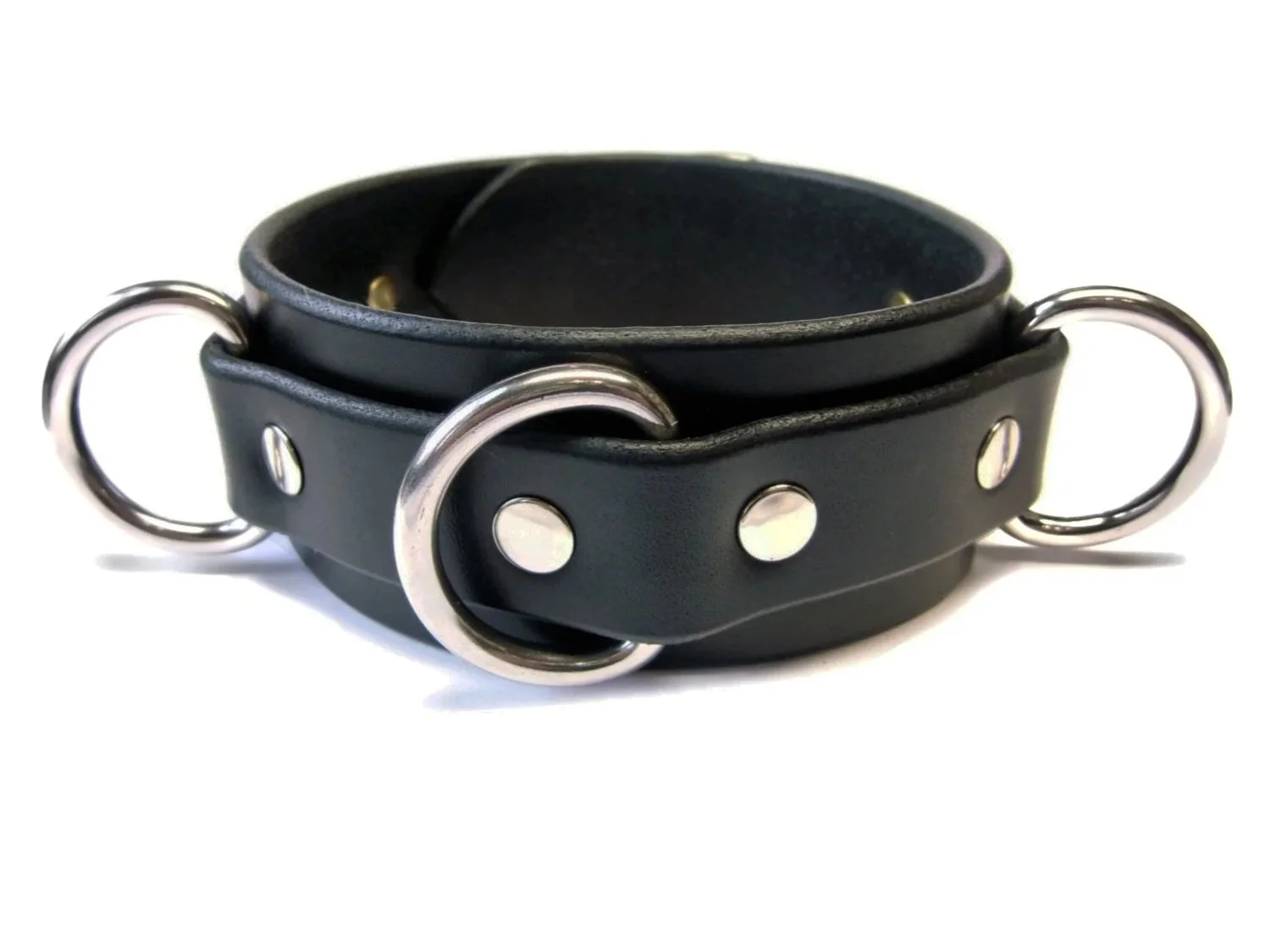 Leather BDSM Collar with 3 Stainless Steel D-rings