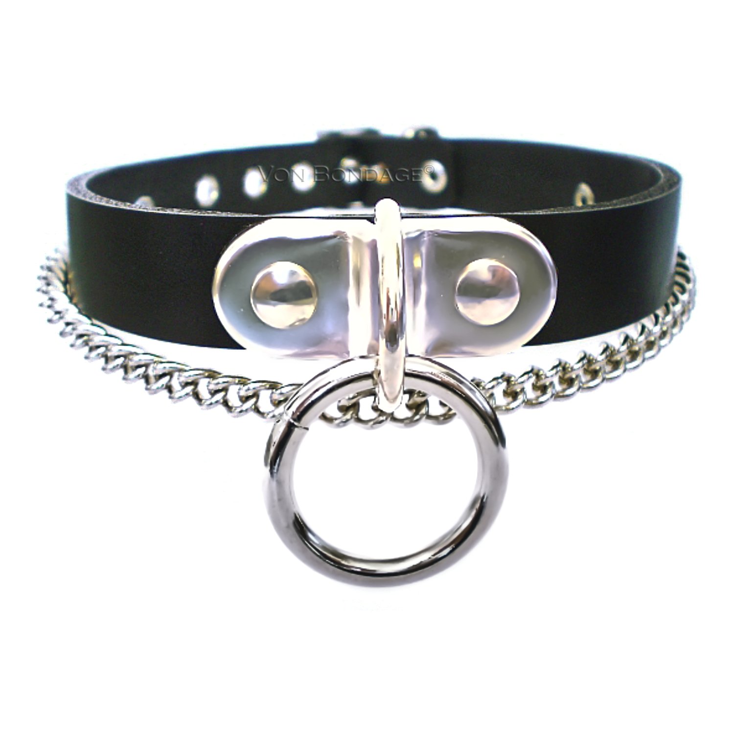 Black Leather BDSM Collar with Plated D&O Ring and Chain