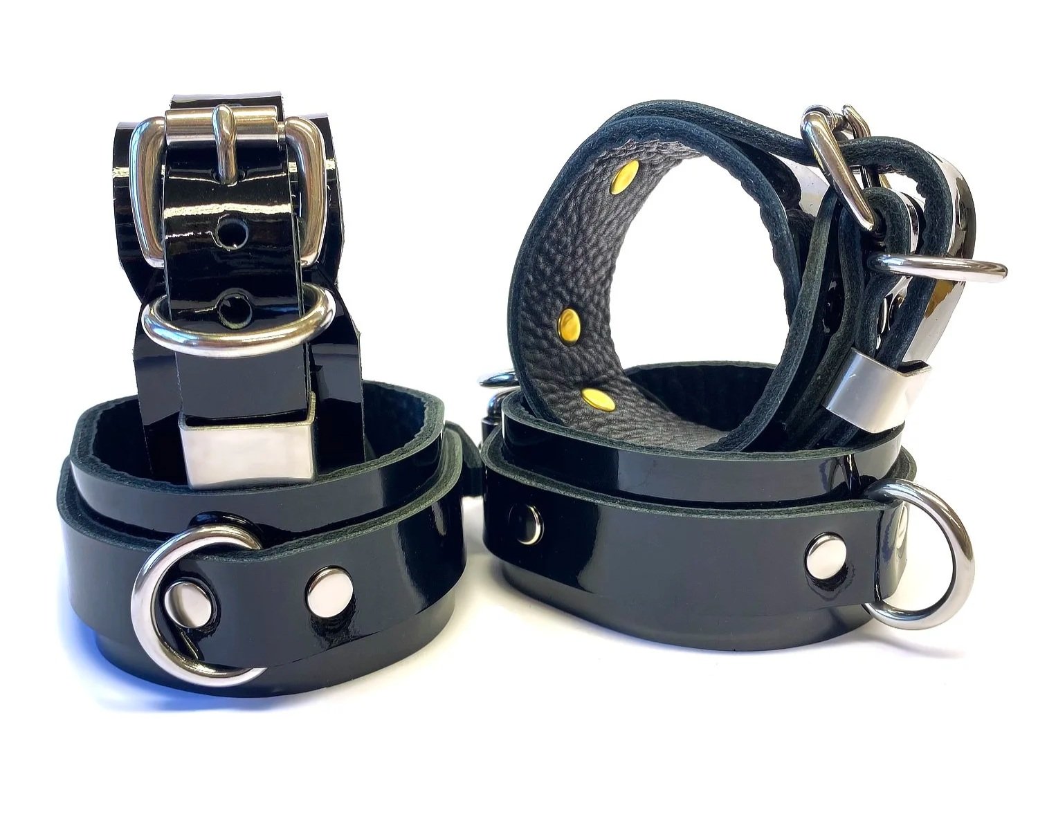 Black Patent Leather Wrist & Ankle Restraints Set in Stainless Steel with brass rivet stems