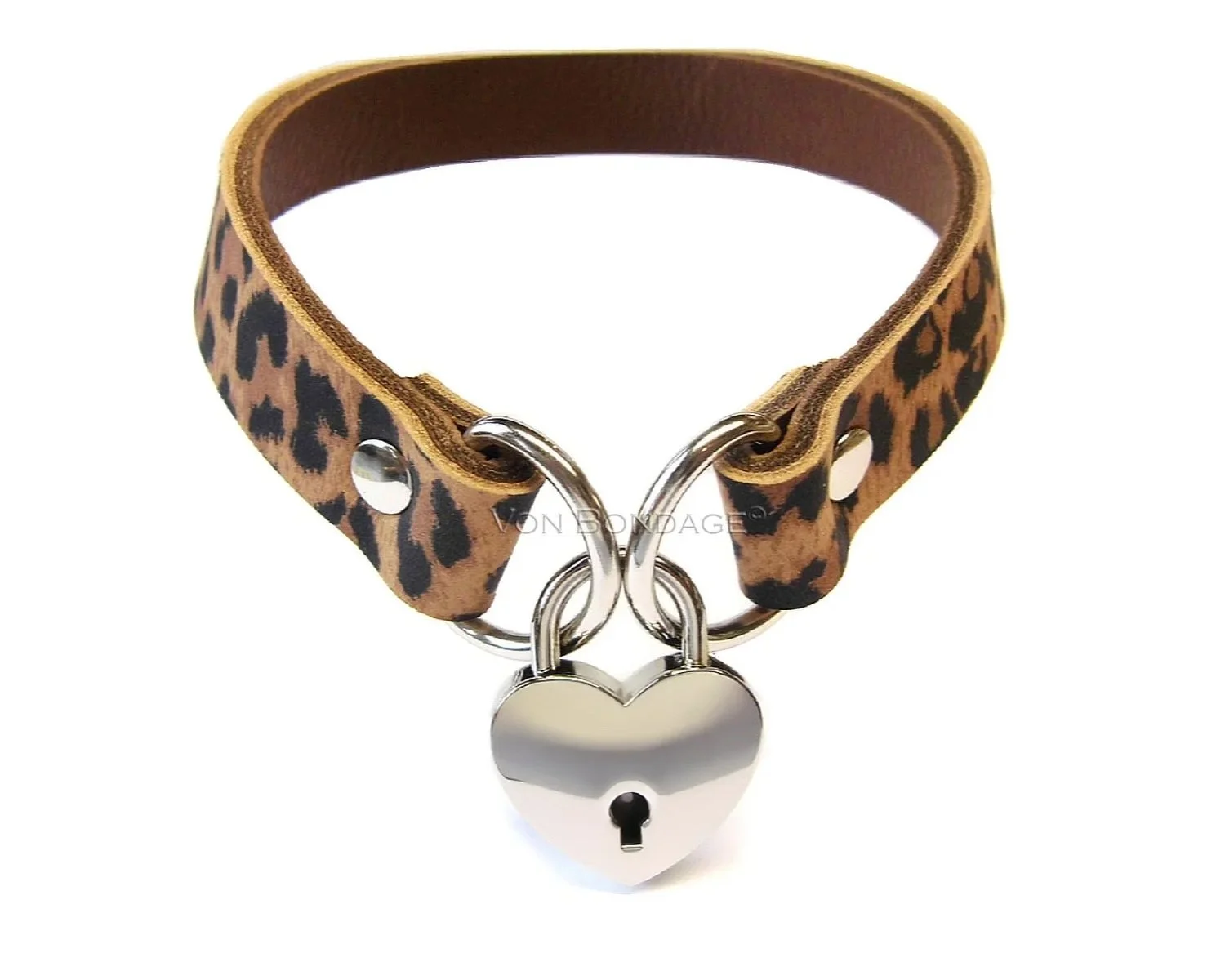 Leopard Print Leather Choker with Large Heart Padlock