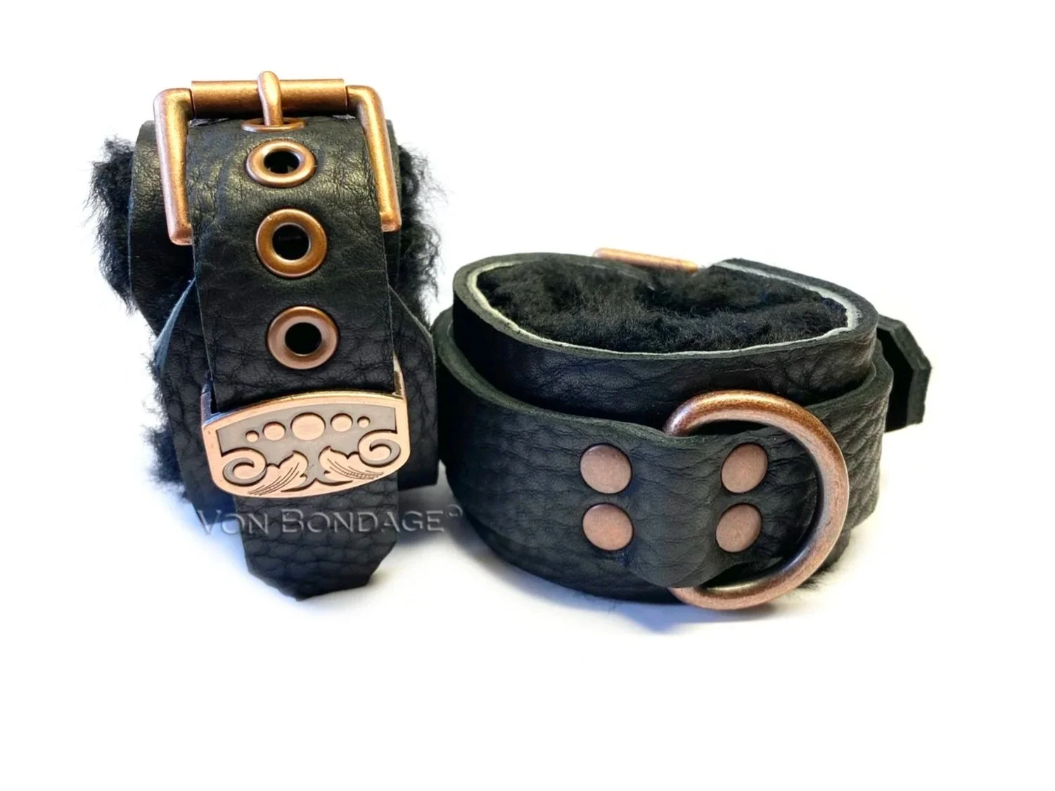 BDSM Restraints in Soft Black Sheepskin with Copper D-rings