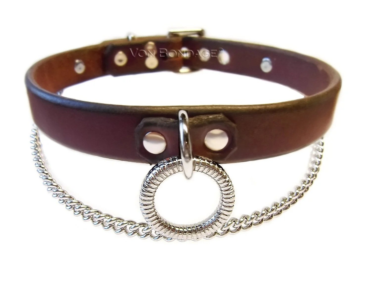 Brown Leather Collar with Chain and Fancy Ribbed O-ring