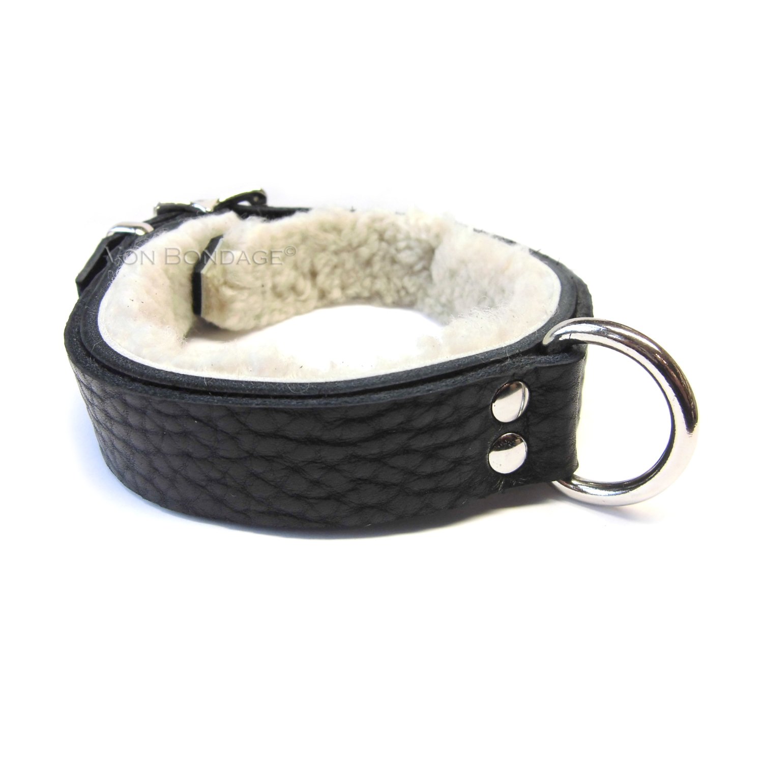 Curly sheepskin Fur-lined slave Collar with Strong Dee Ring in black leather