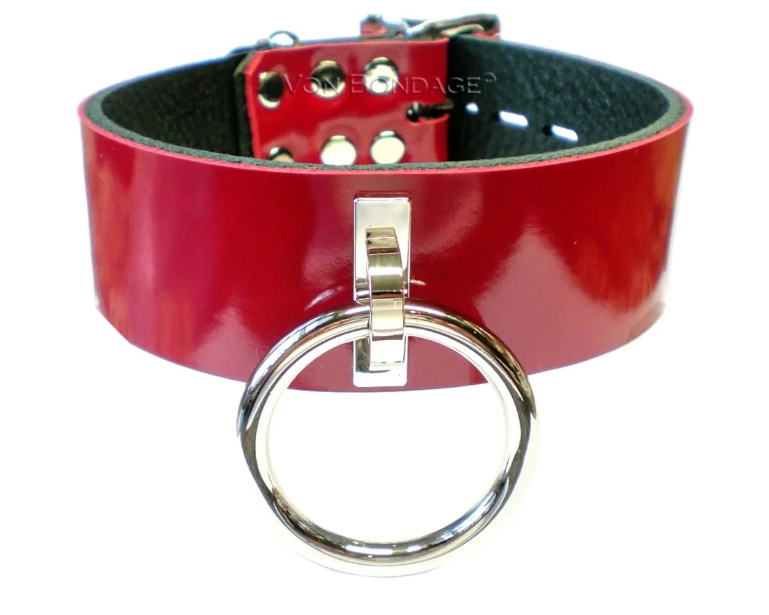 Red Patent Leather BDSM Collar with Large O Ring through plated loop