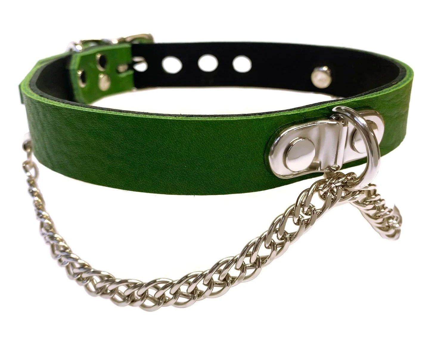 Green Leather submissive Collar with Plated O-ring and Chain