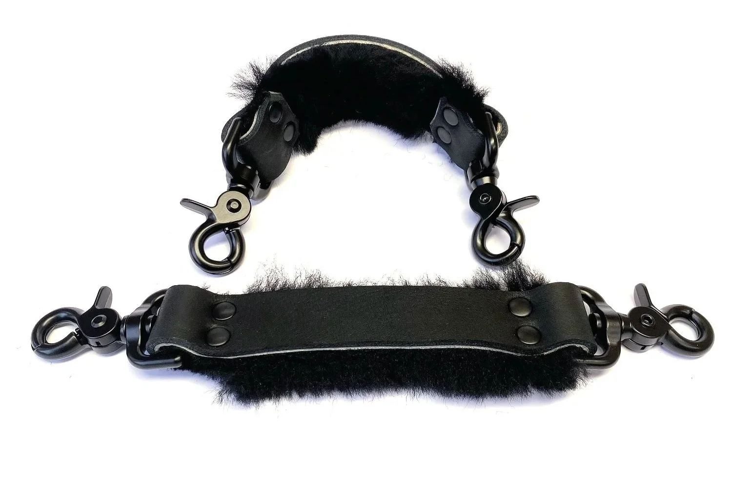 Pair of black Bullhide Black Sheepskin Fur BDSM Straps with Scissor Clips