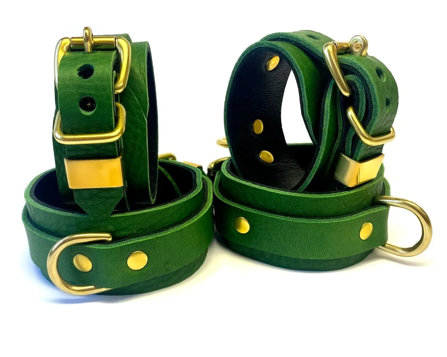 Green Leather BDSM Restraints Set wrist and ankle cuffs in brass