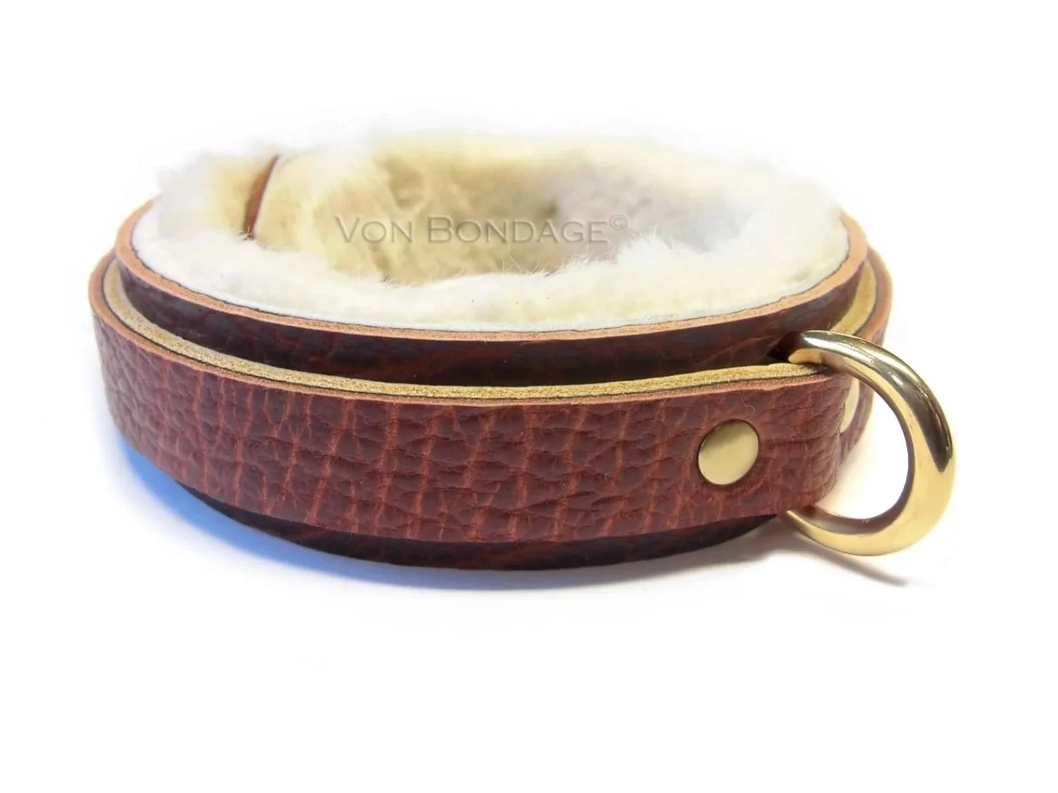 Cream Sheepskin Fur-lined slave Collar with Brass Dee Ring in brown bison leather