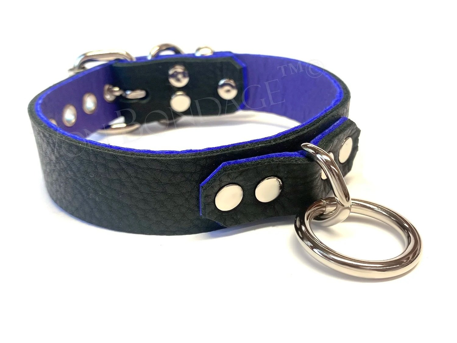 Black & Purple Leather BDSM Collar with 1" Bondage Ring