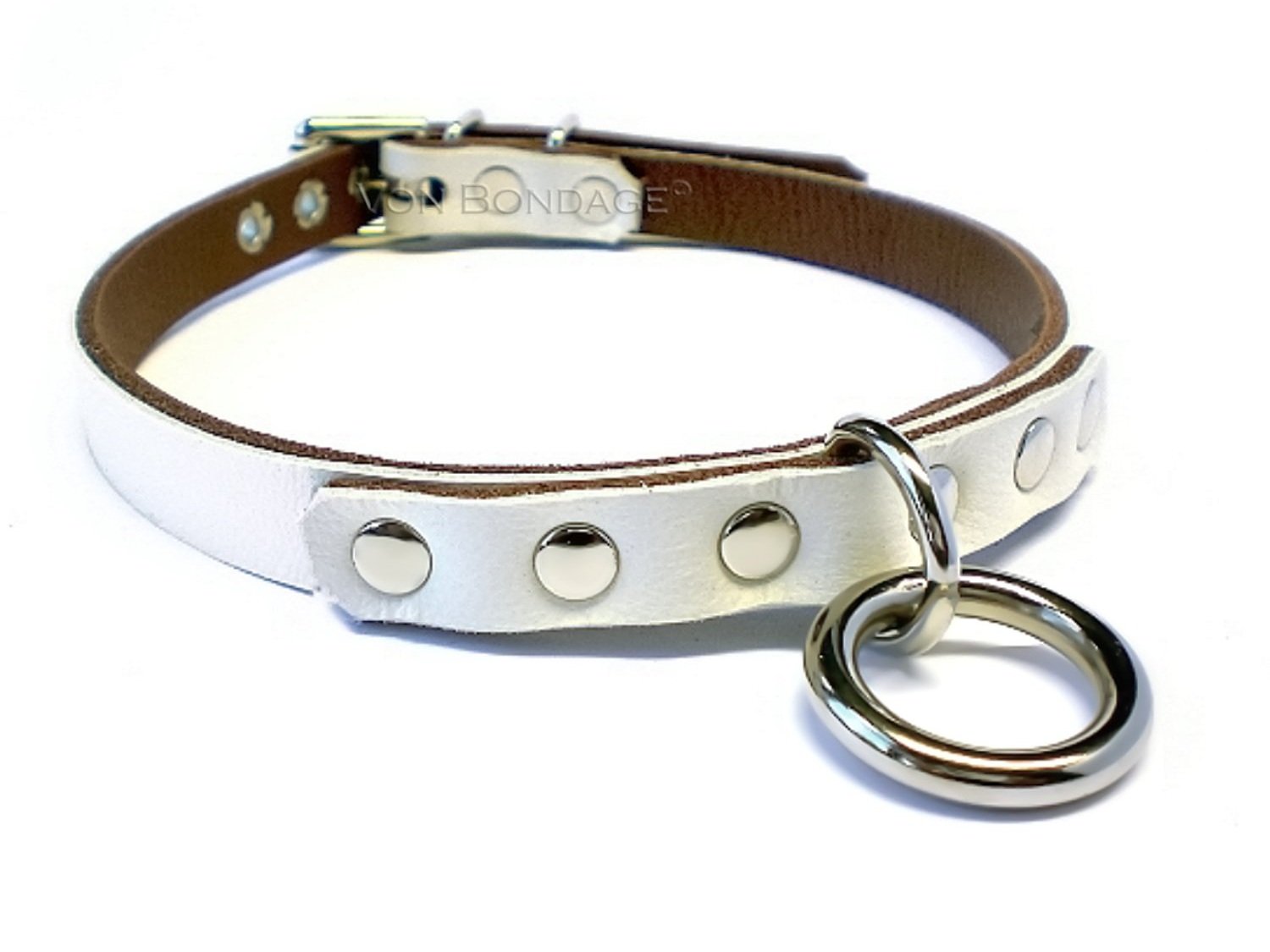 White BDSM Day Collar w/Long Strap holding Tiny Ring