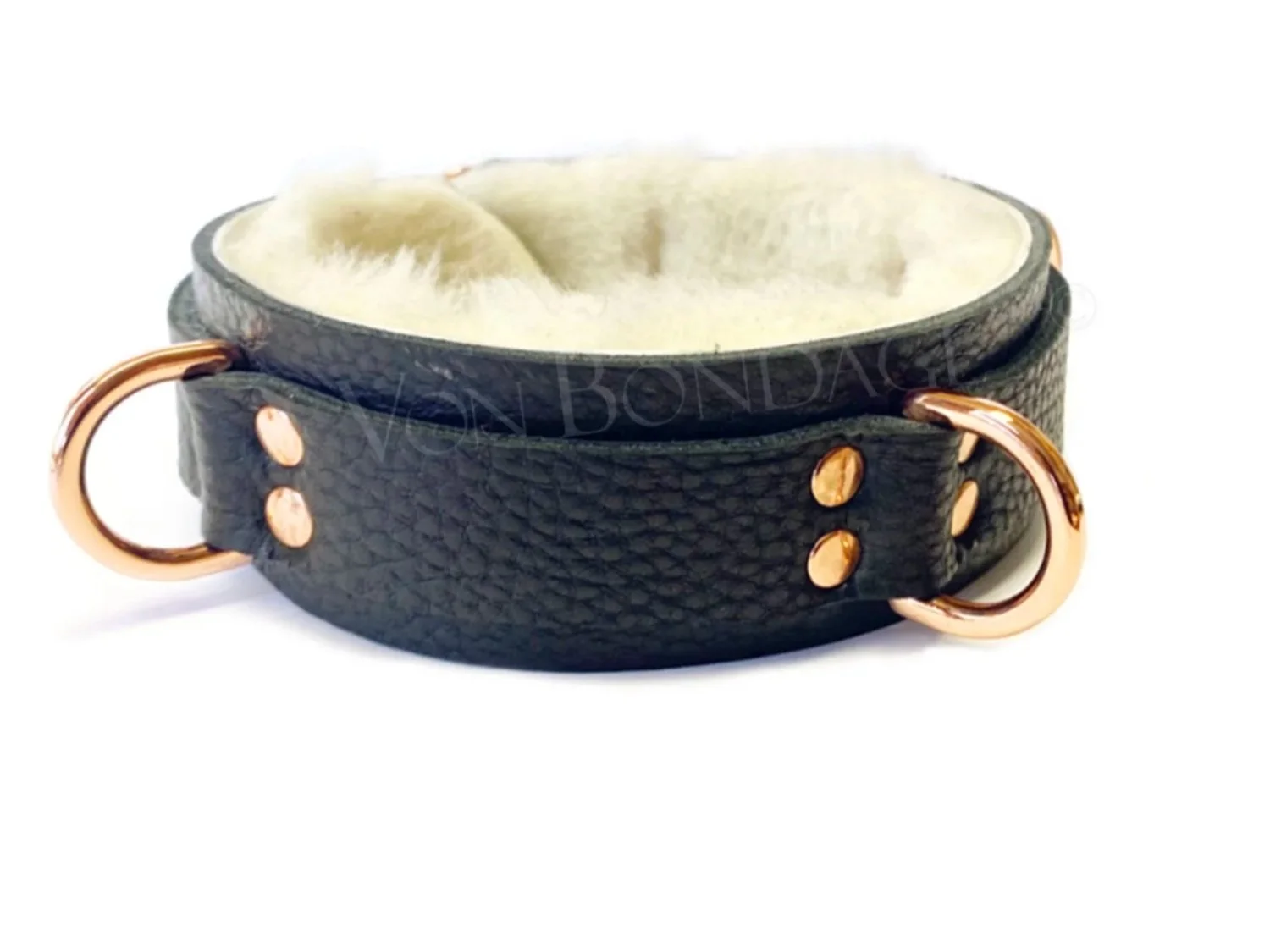 Fur-lined BDSM Collar lined in White Sheepskin with 3 Shiny Copper D-rings