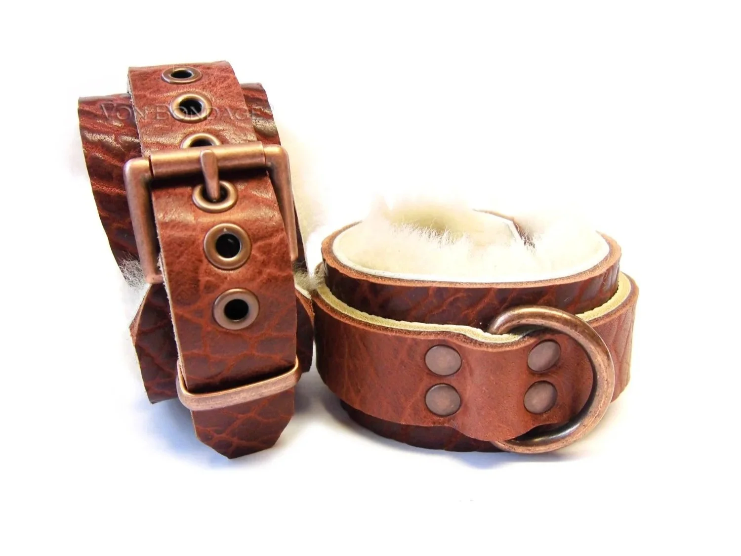 Brown Bison BDSM Restraints in Soft Cream Sheepskin with Copper D-rings