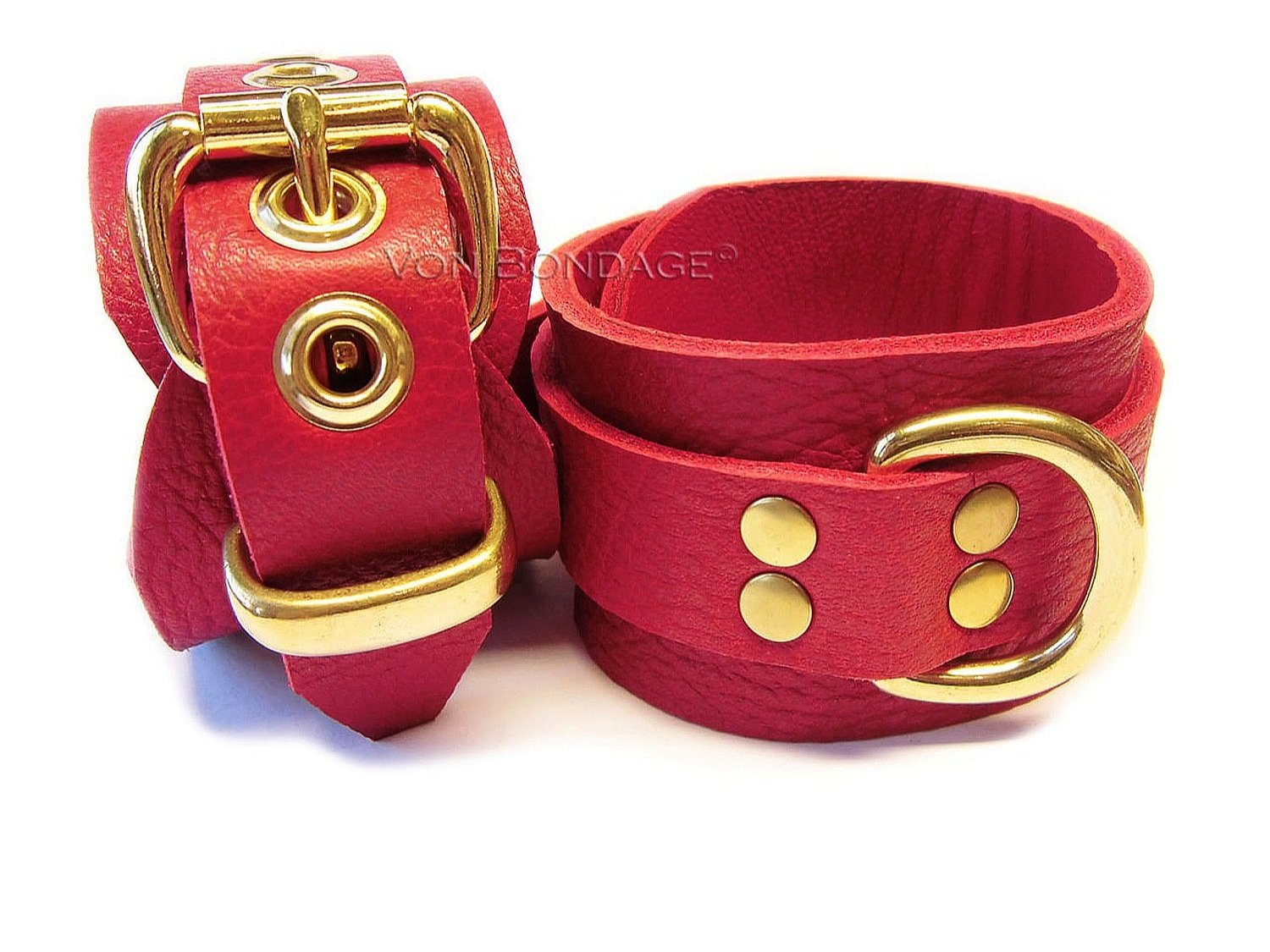 Red Leather BDSM Restraints with 1" Brass Dee Rings lined in red lambskin