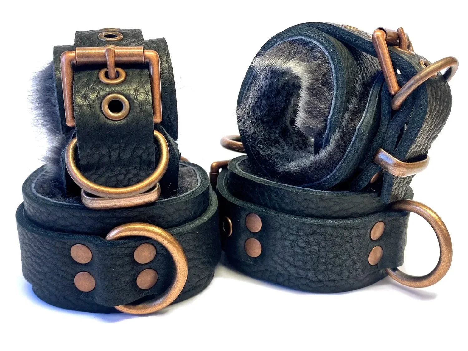 Leather Wrist & Ankle Restraints BDSM Set lined in Gray Sheepskin Fur with Copper Hardware