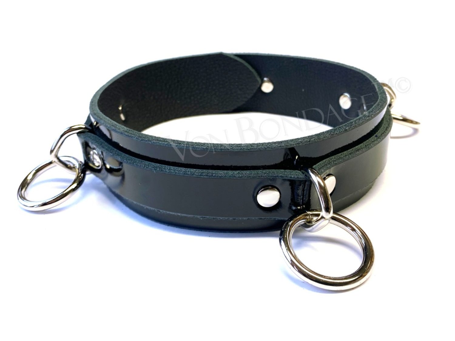 Patent Leather slave Collar with 3 Small Bondage Rings