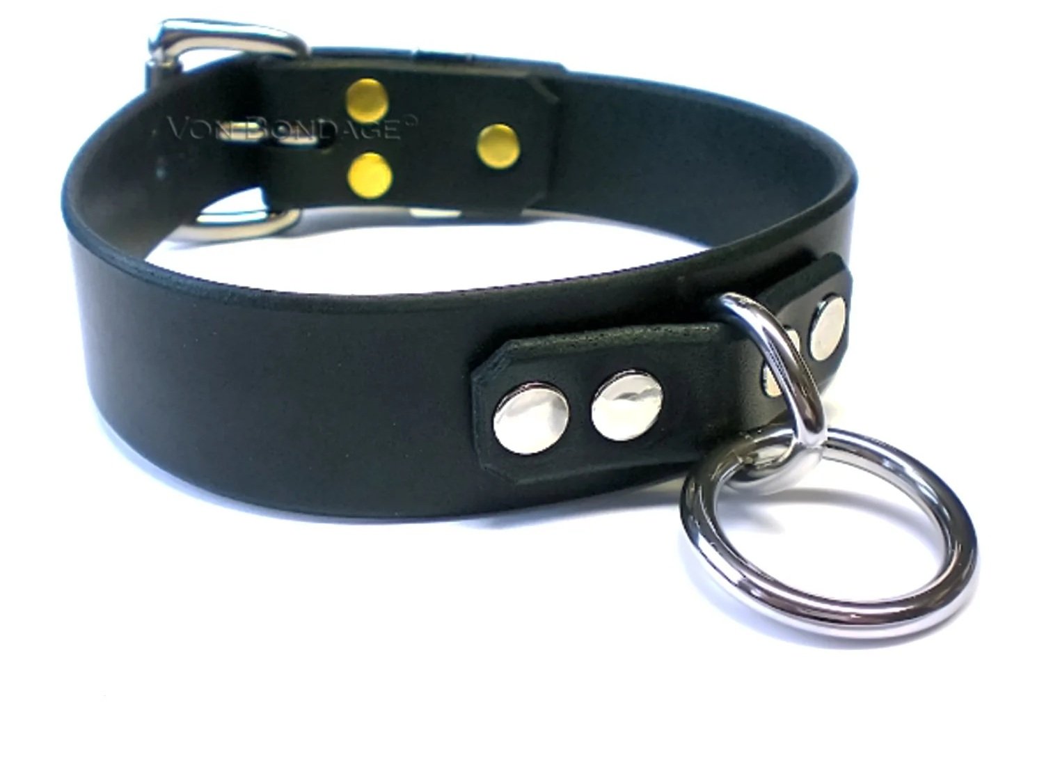 Black leather bondage collar with small stainless steel bondage ring