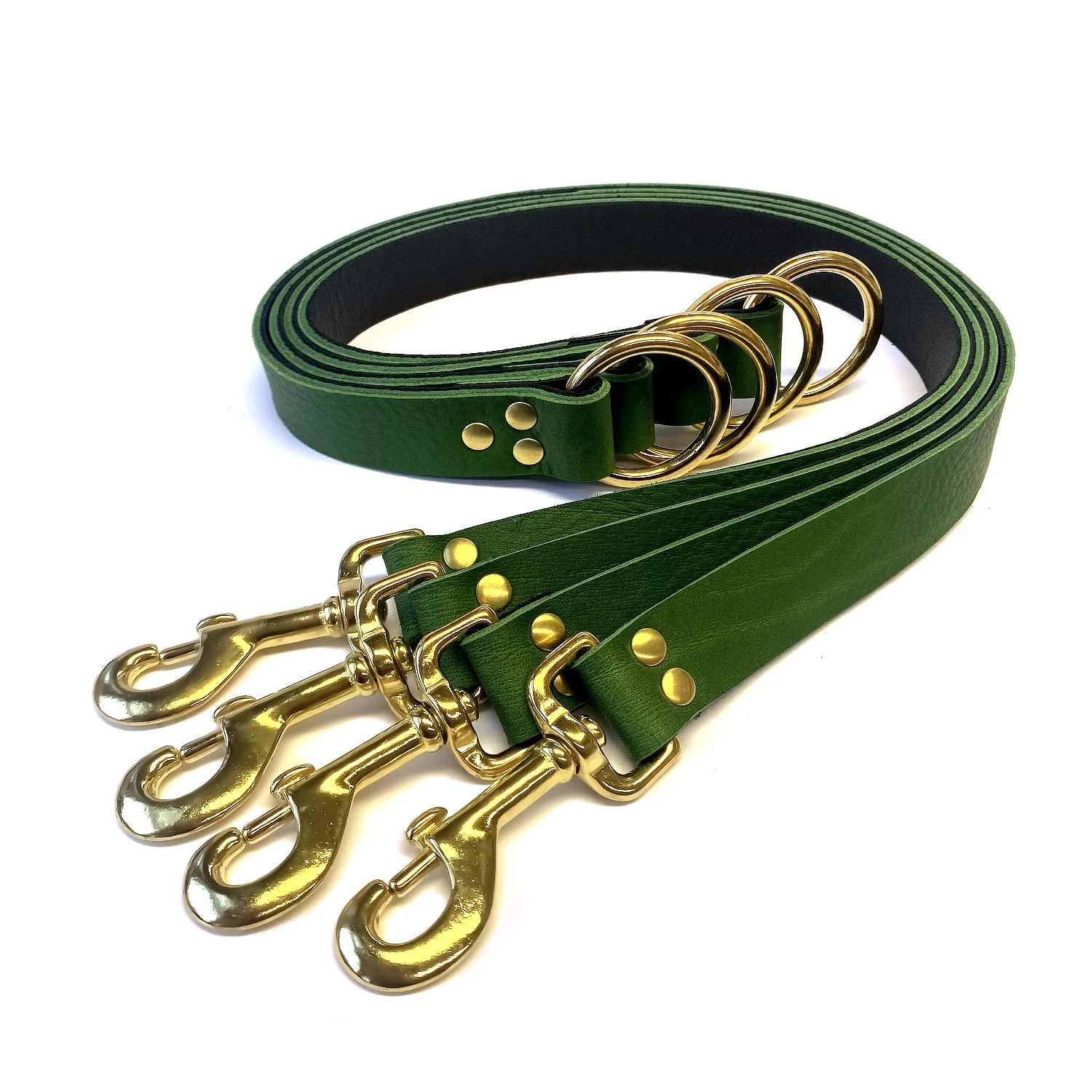 Set of 4 Green Leather Bedpost Straps with Brass Bolt Snaps.jpg