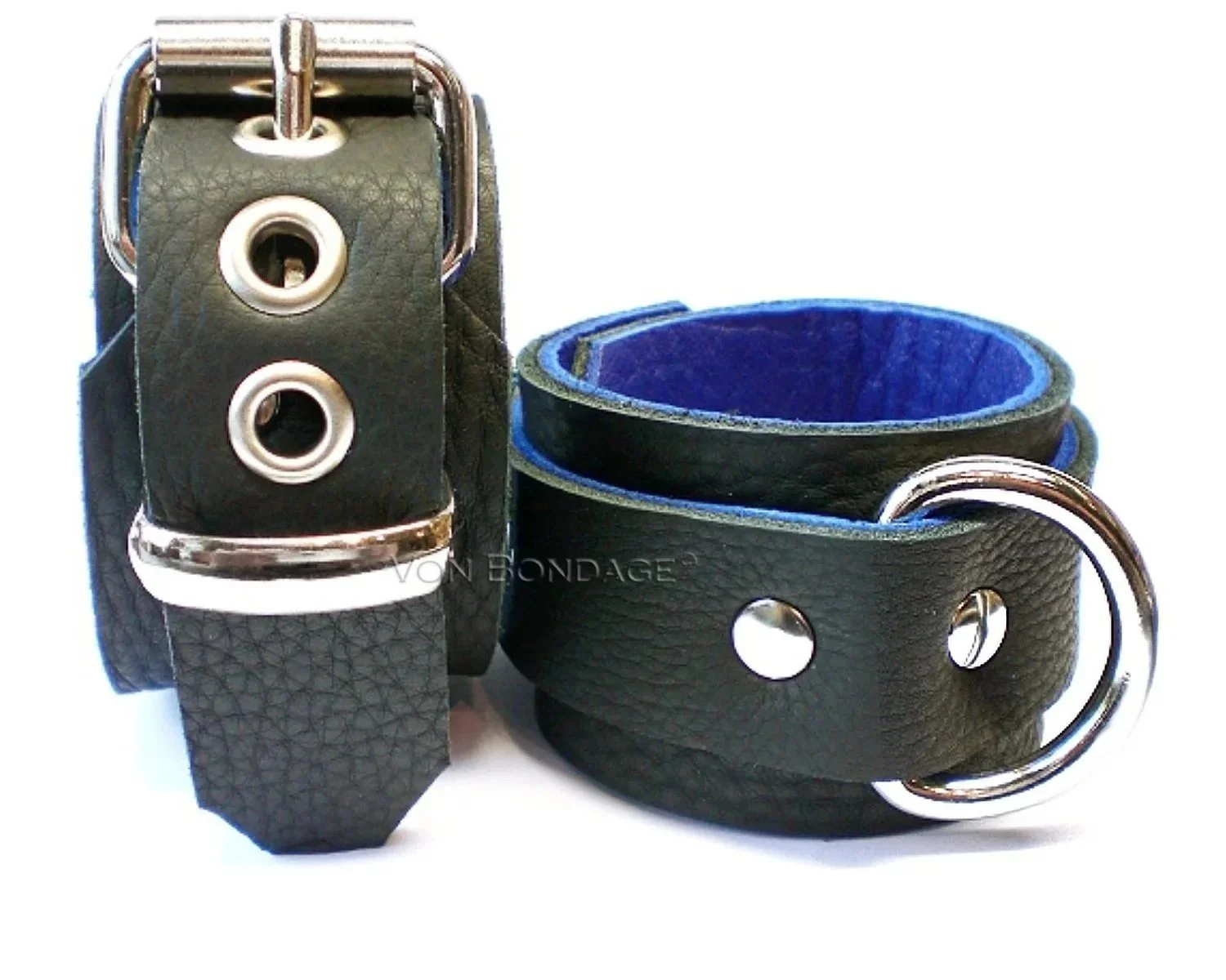 Pair of Black and blue Leather BDSM Restraints for wrists or ankles