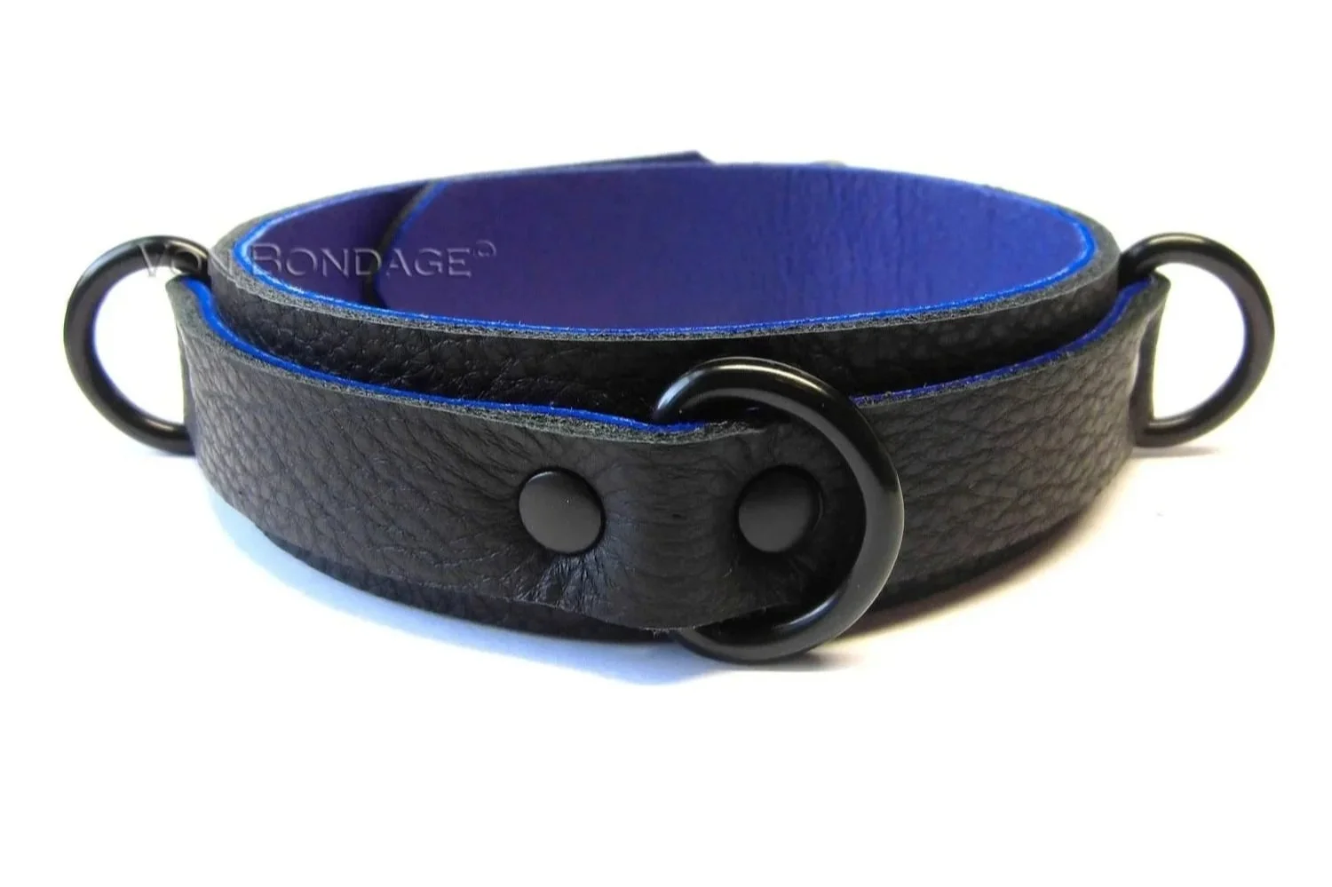narrow bdsm collar in black and blue leather
