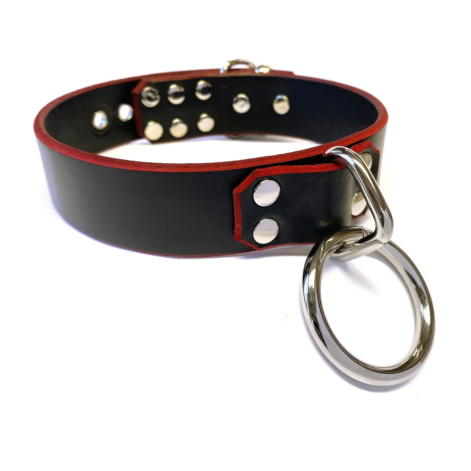 Black Leather BDSM Collar with large bondage ring and red edges