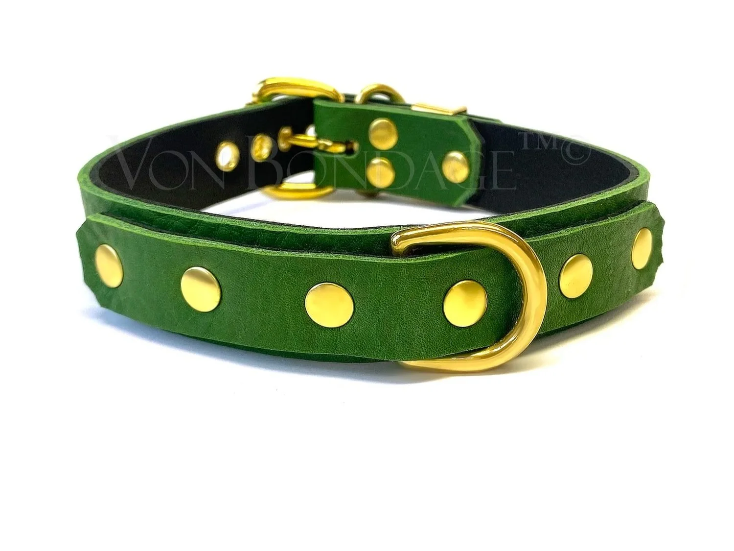 green leather bdsm slave collar with a brass d-ring in front