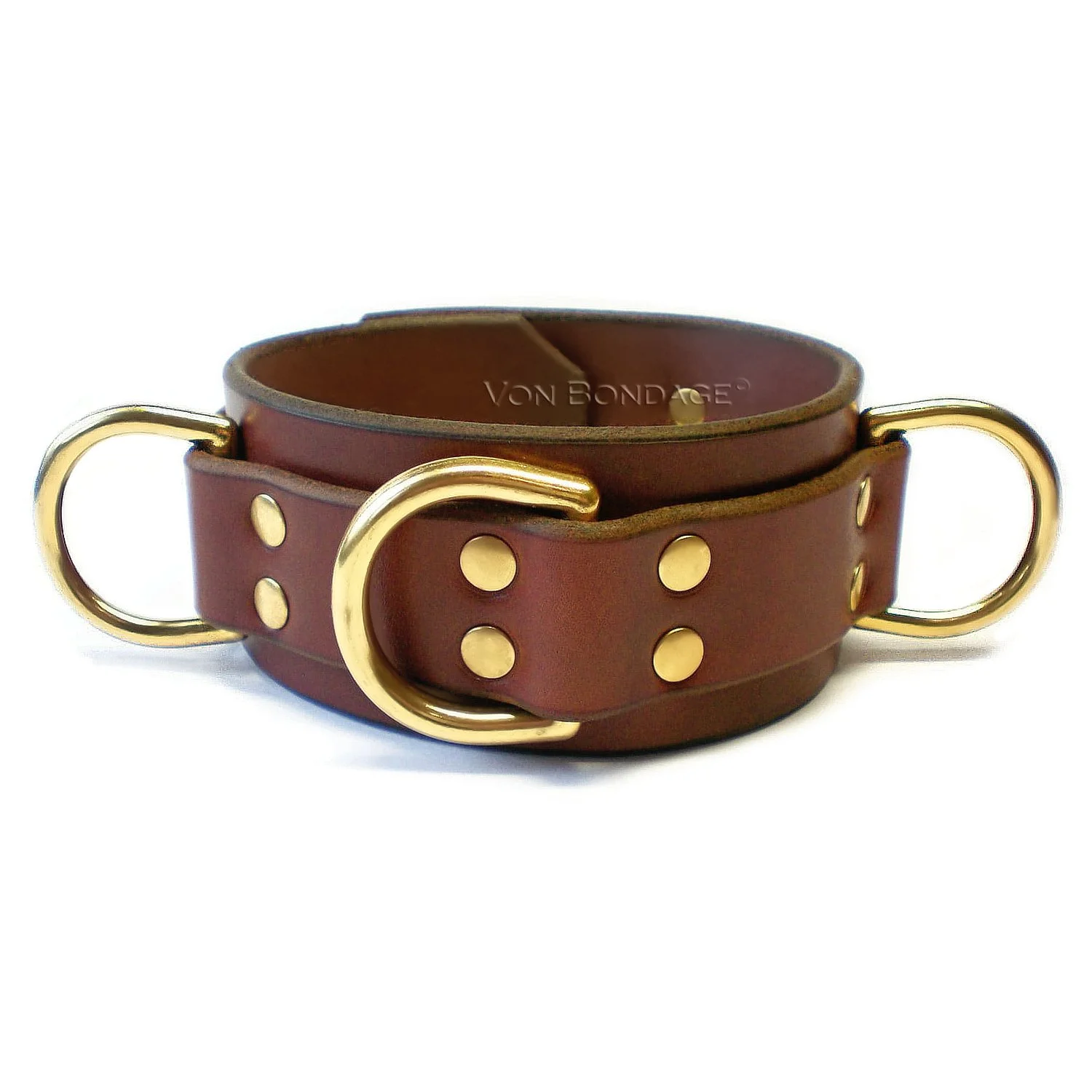 Brown Bridle Leather Bondage Collar with 3 Large Brass Dee Rings