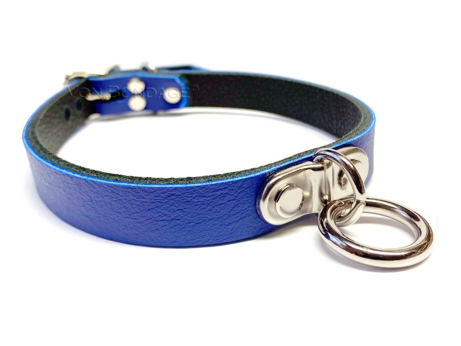 Blue Leather Lockable slave Collar with Plated Ring