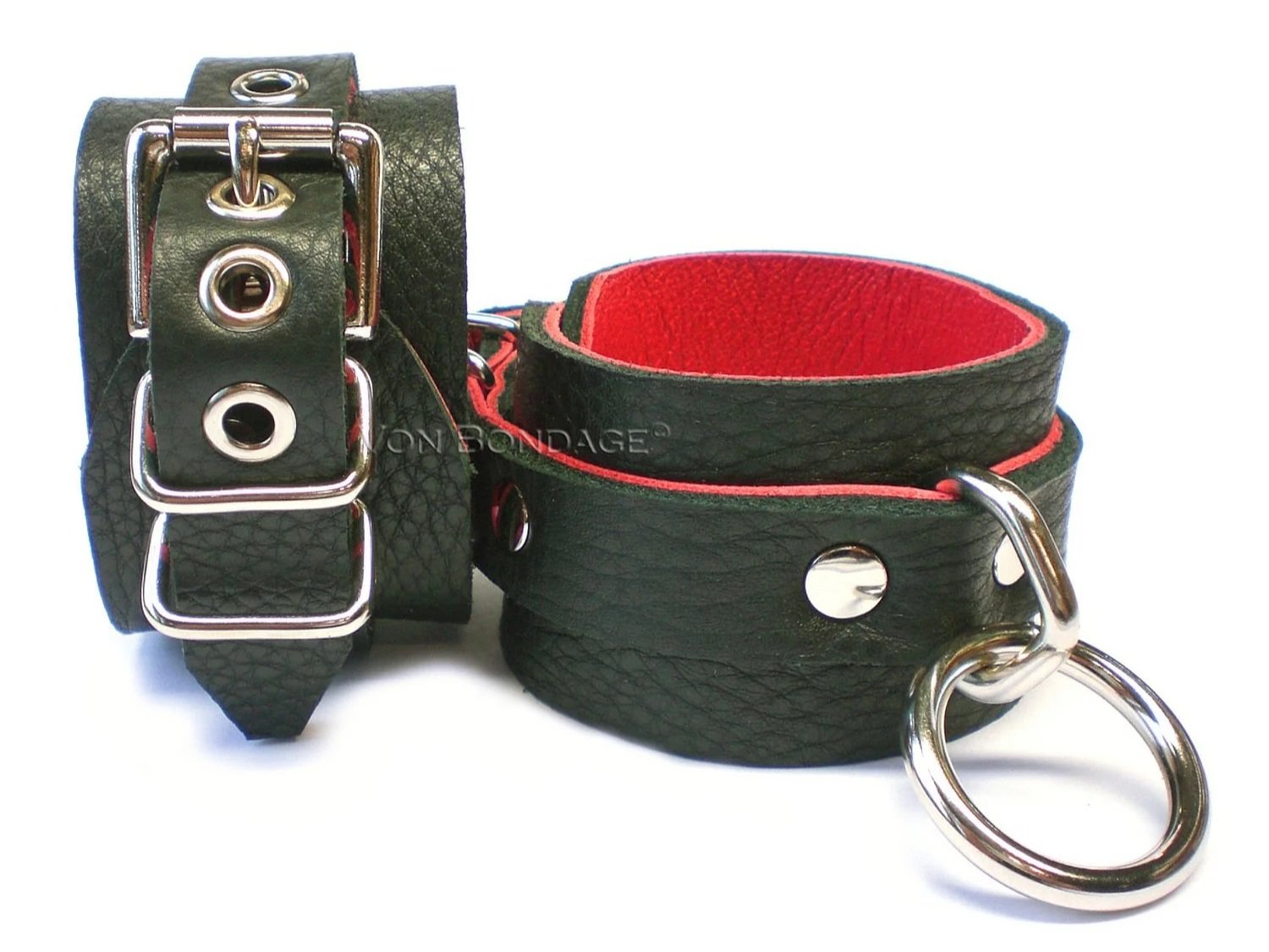 Pair of Black & Red Leather Restraints with Bondage Rings