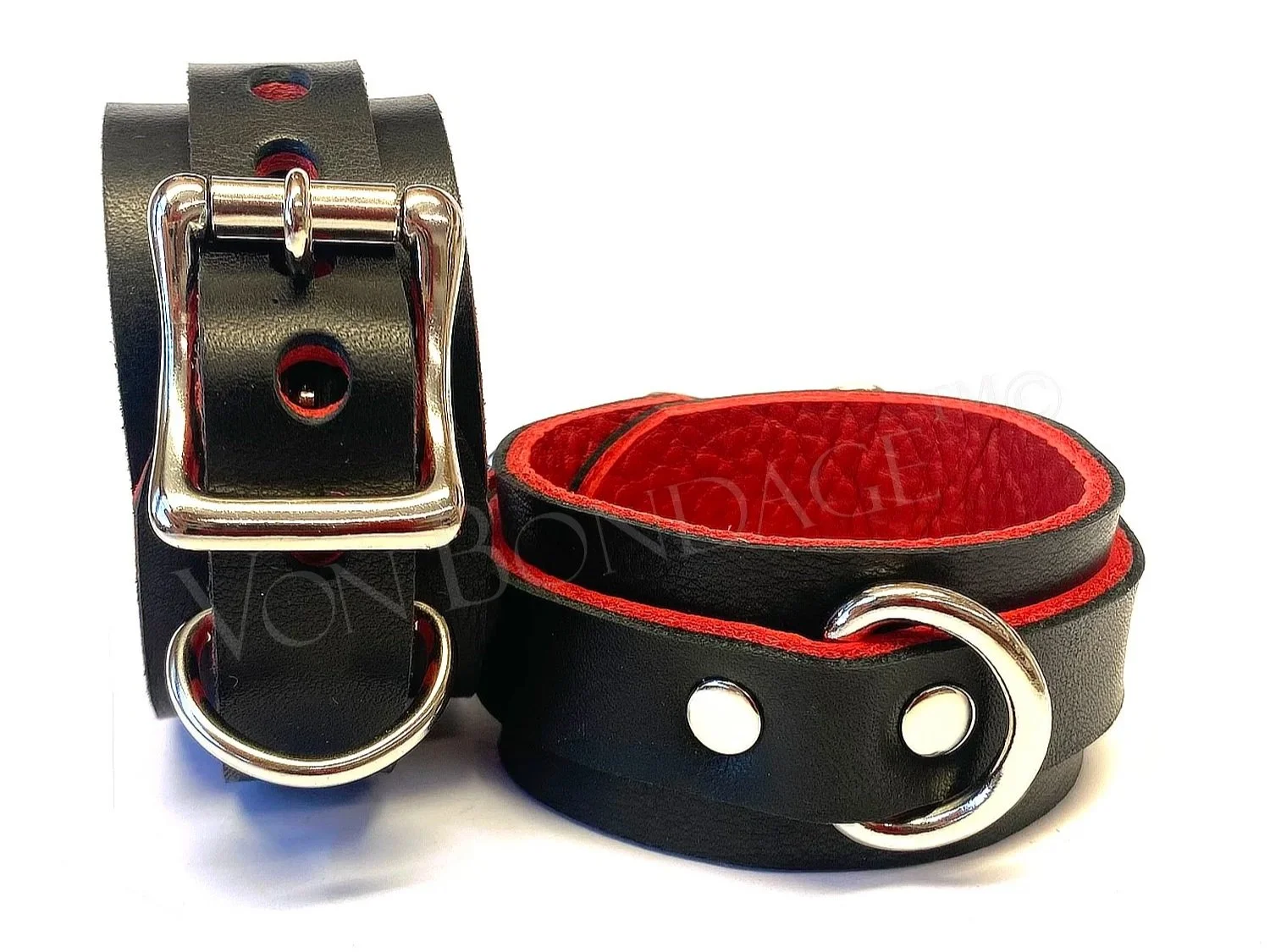 Soft Leather Restraints with D-rings lined in Red Napa