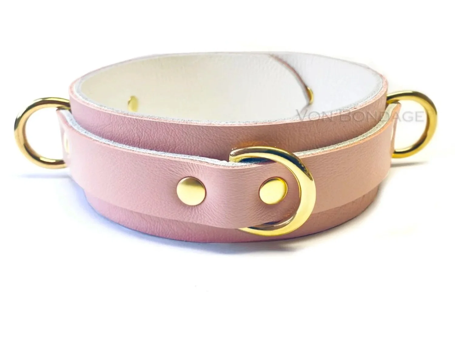 light pink leather bondage collar with 3 brass d-rings
